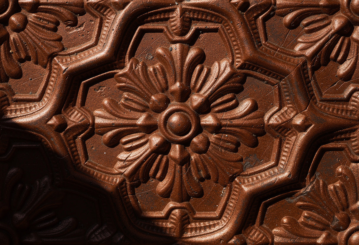 Close-up of decorative brown wood panel with intricate patterns.