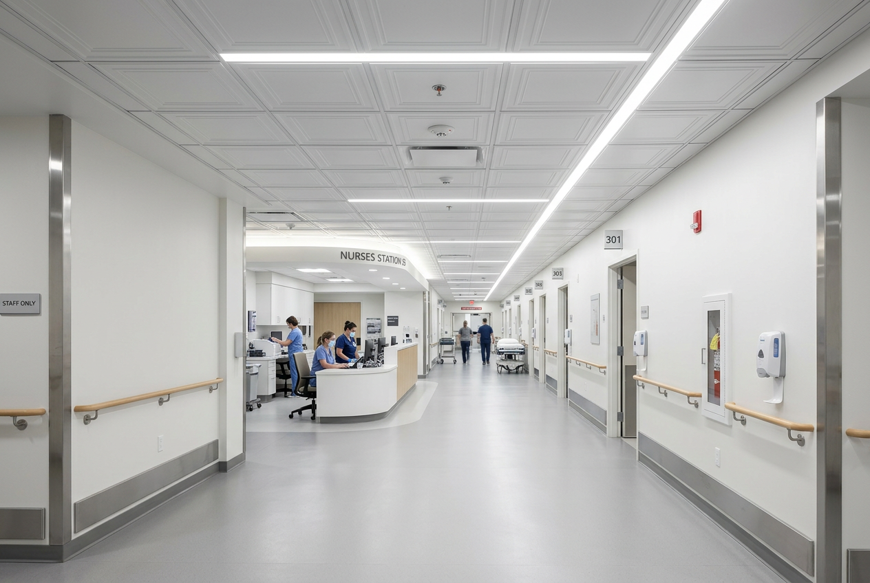 Hospital corridor scene with staff and patients under decorative ceiling roof