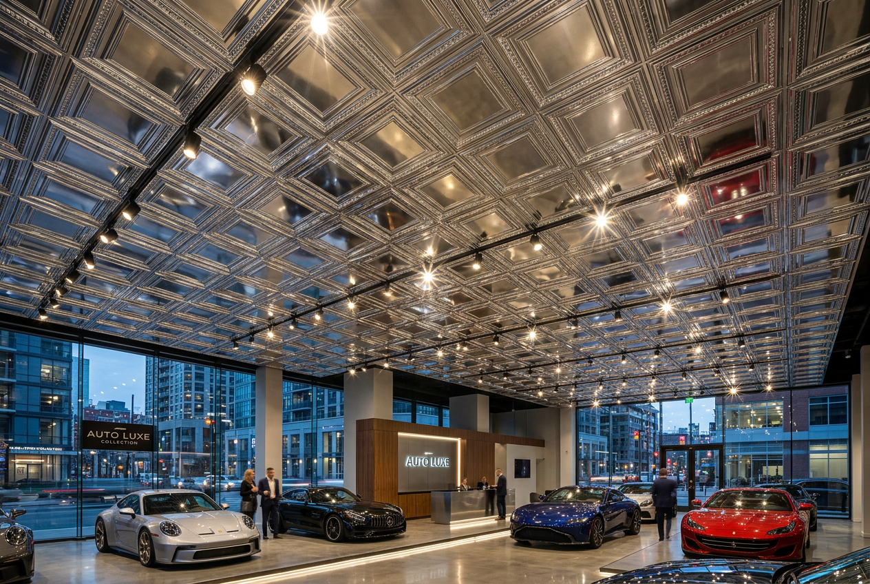 Car showroom with a modern ceiling design and various cars on display.