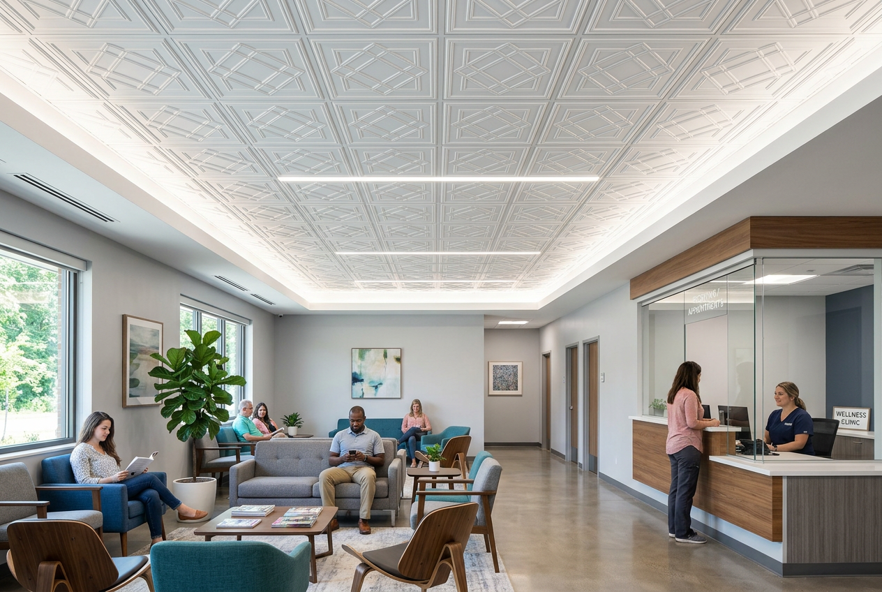 Modern office lobby with people sitting and standing, a reception desk and decorative ceiling.