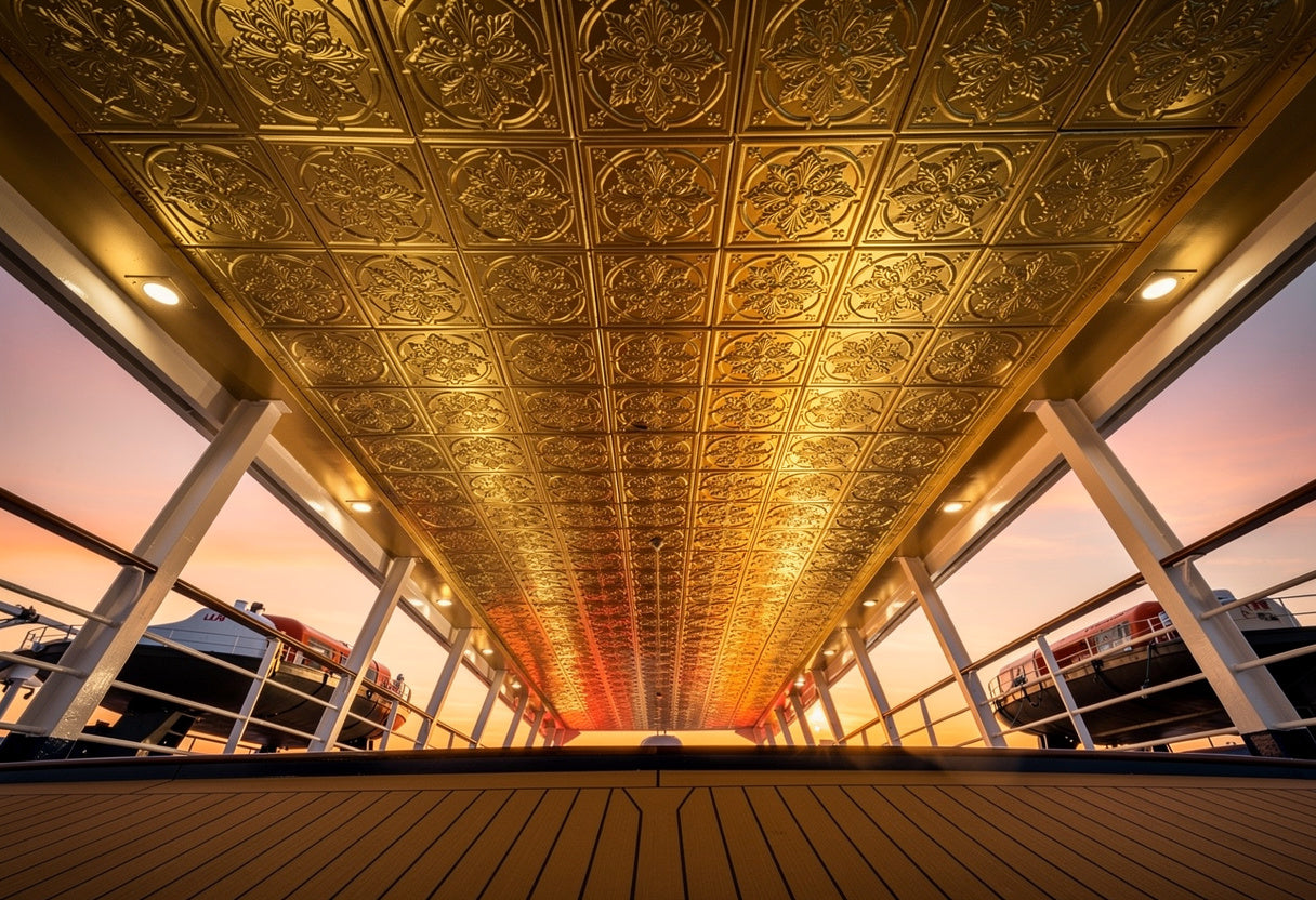 Decorative gold ceiling with a sunset view through large windows.