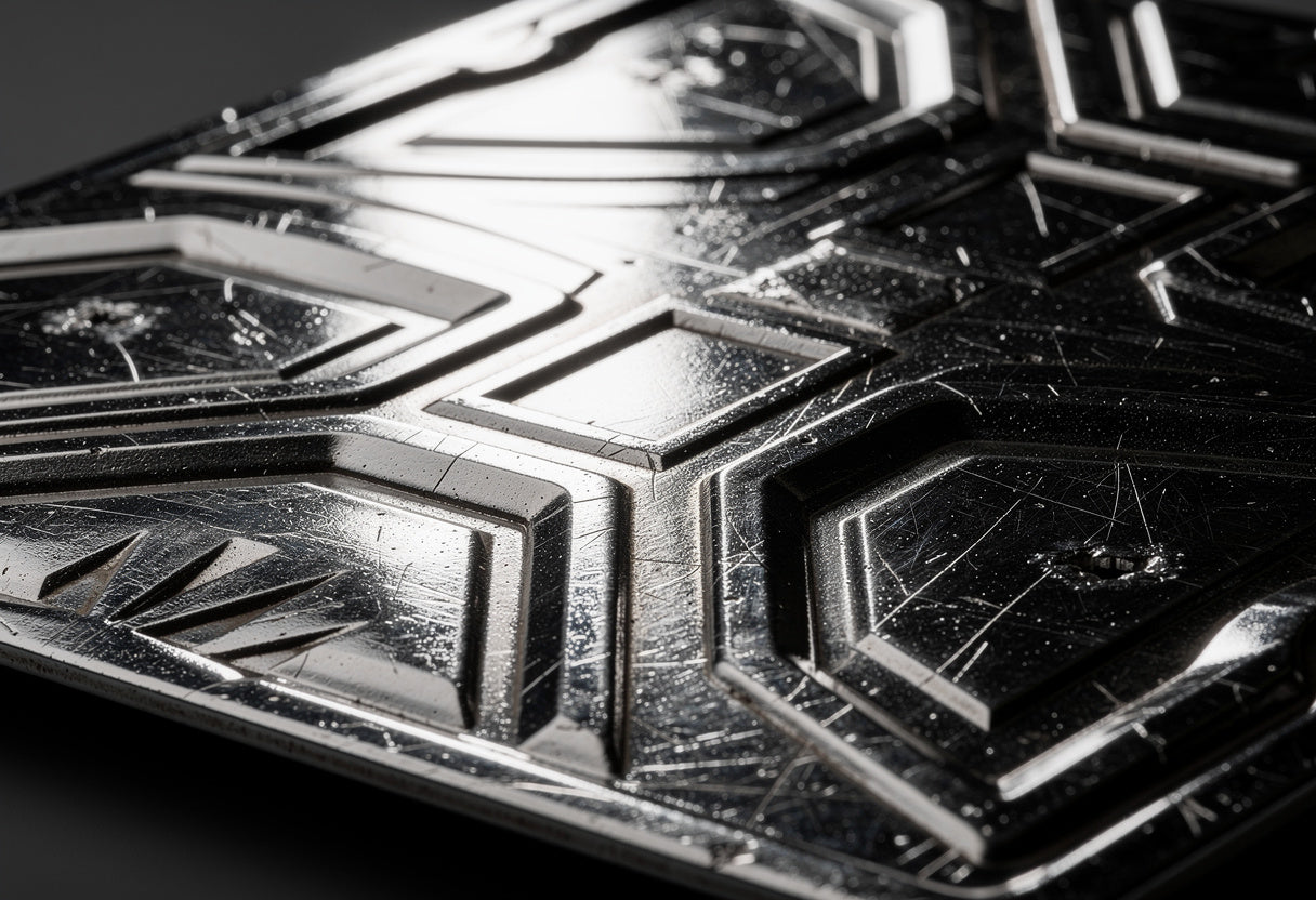 Close-up of a metallic object with intricate design.