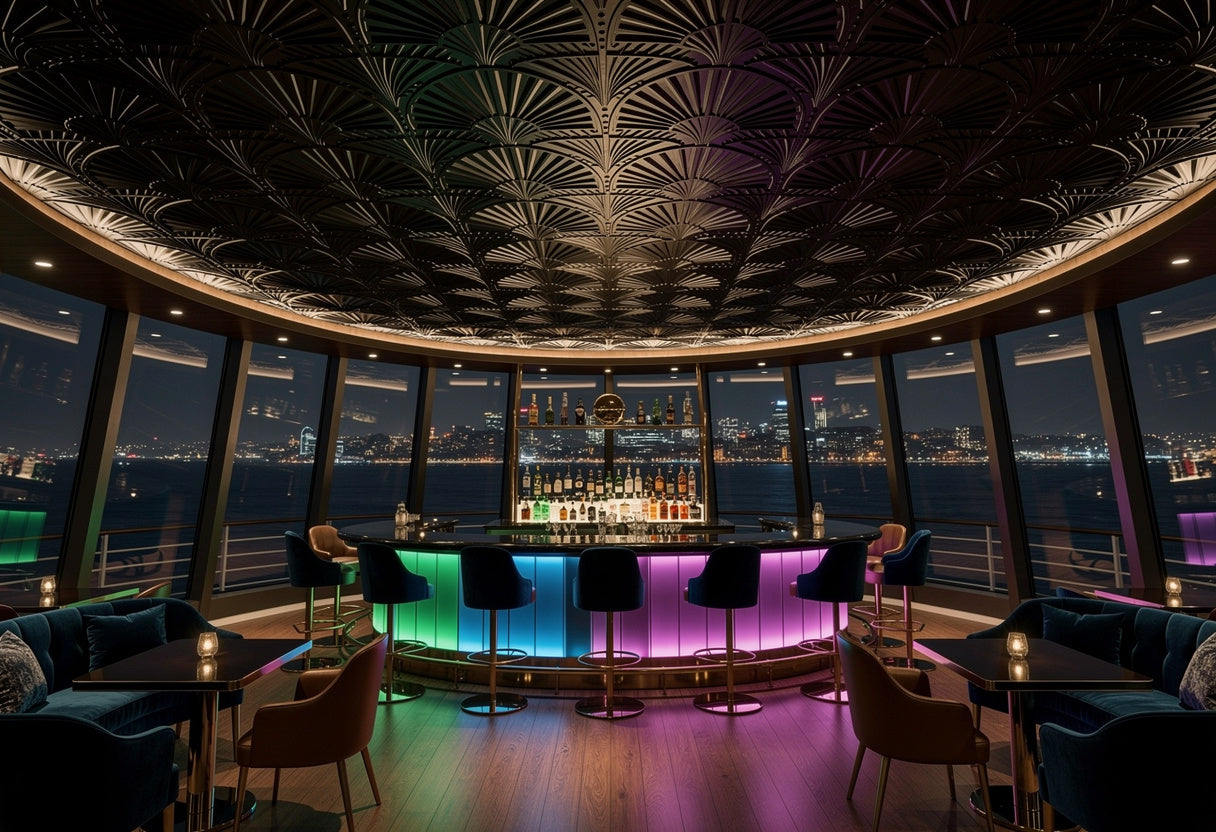 Modern bar with colorful lighting and a cityscape view at night.