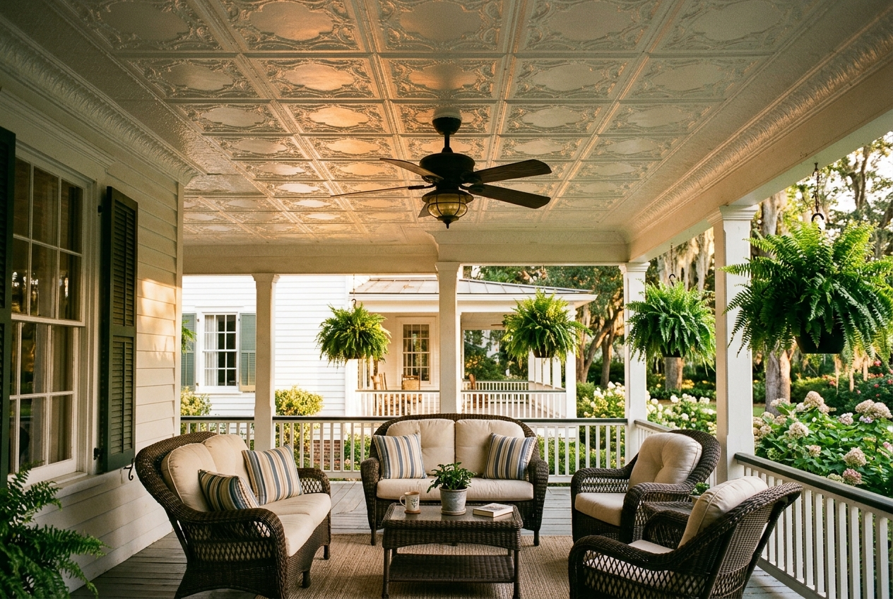 Outdoor patio with wicker furniture, plants, and a ceiling fan on a porch.