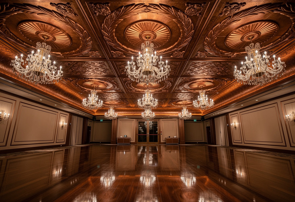 Luxurious ballroom with ornate ceiling and chandeliers.