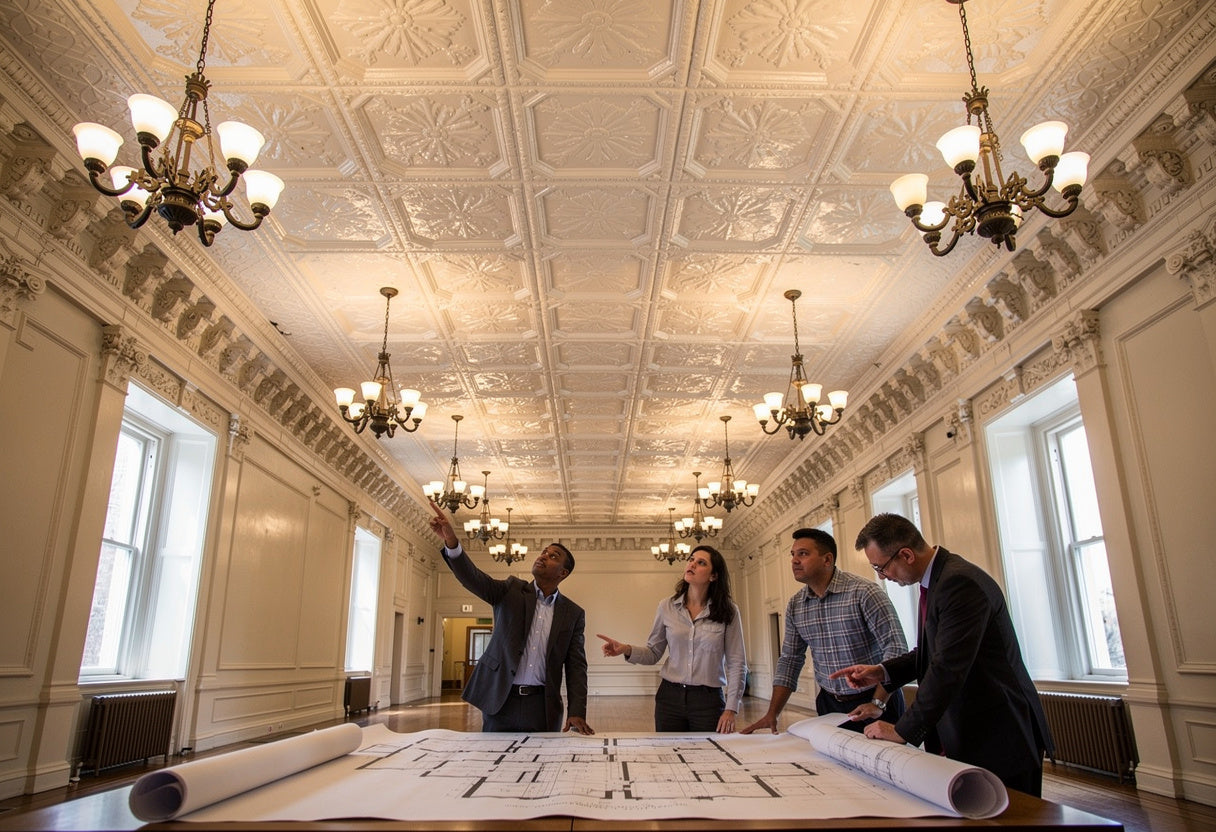 Group of people discussing blueprints in a room with ornate ceiling and large windows.