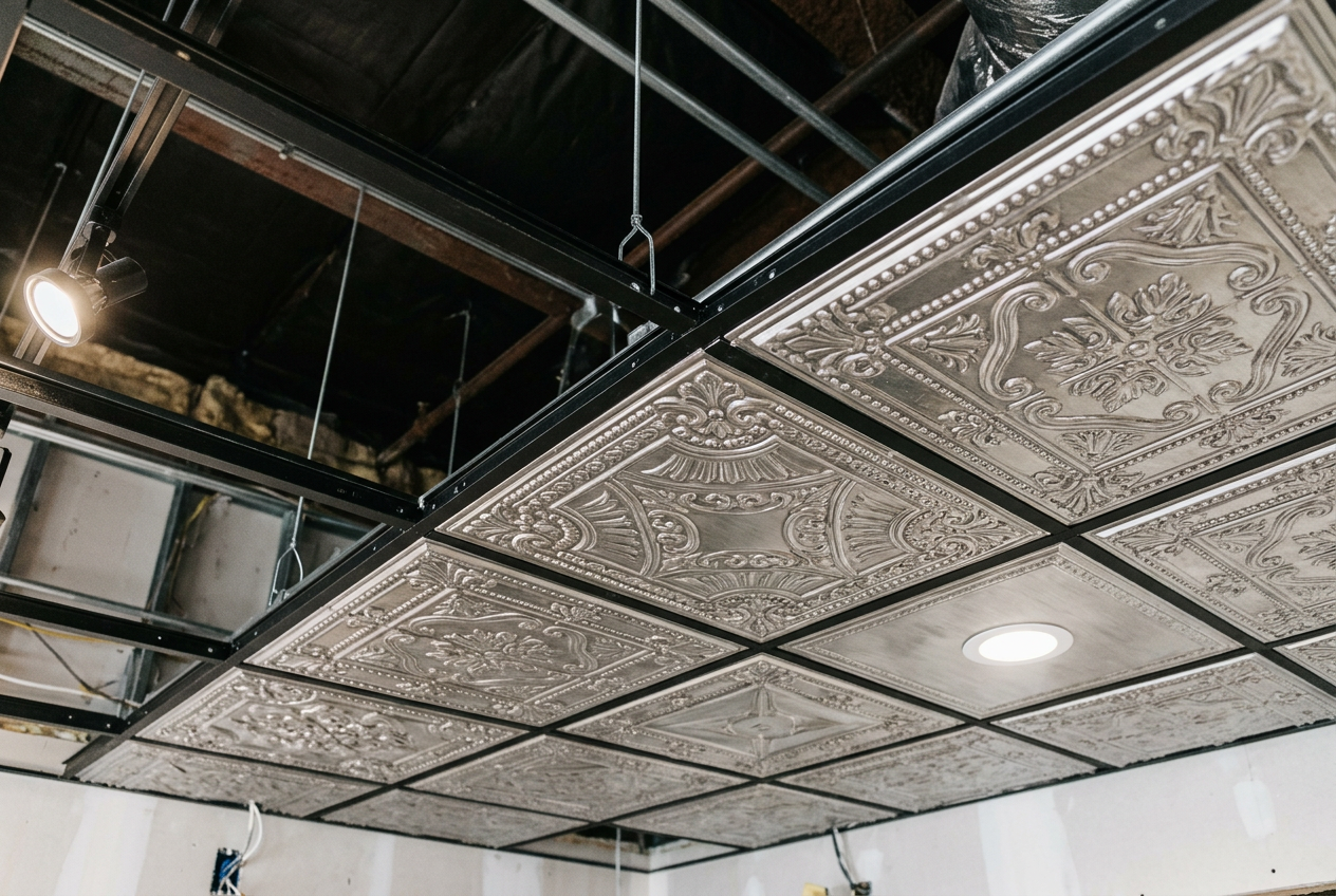 Decorative ceiling tiles with intricate patterns on a black ceiling