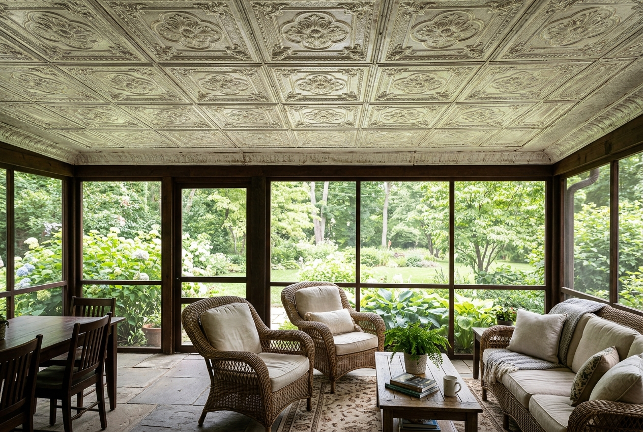Living room with ornate ceiling tiles and large windows overlooking a garden.
