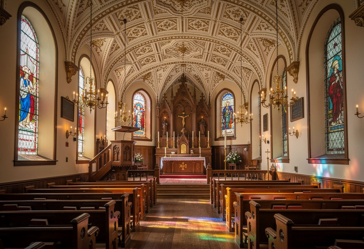 Interior of a church with ornate ceiling, stained glass windows, and wooden pews.