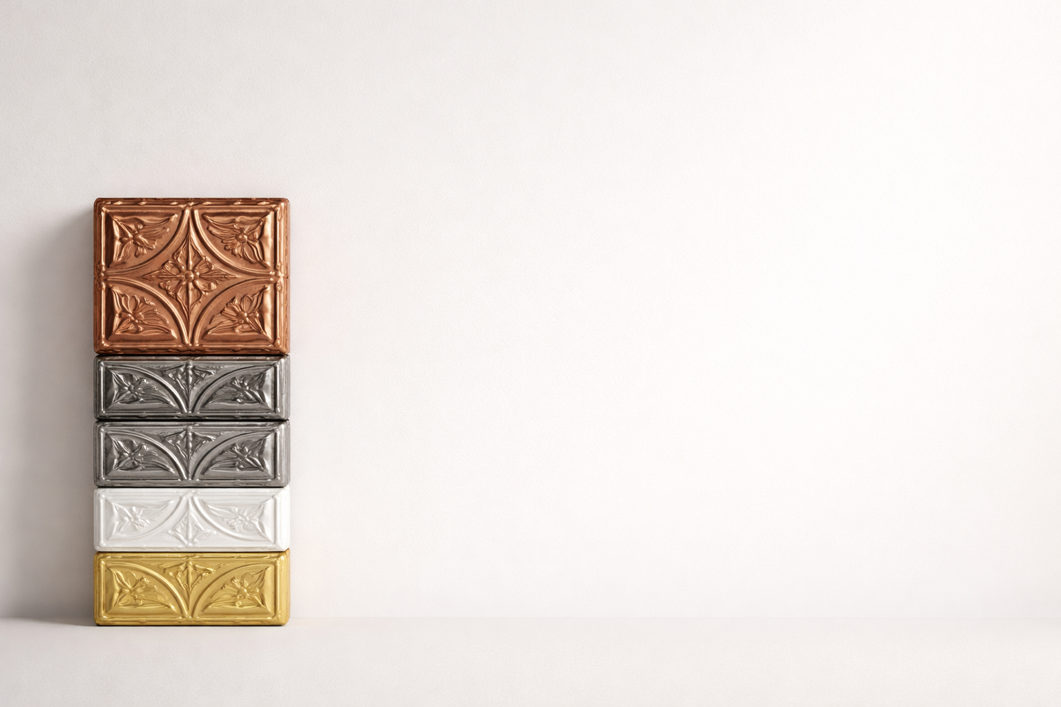 Bronze, silver, and gold decorative tiles.