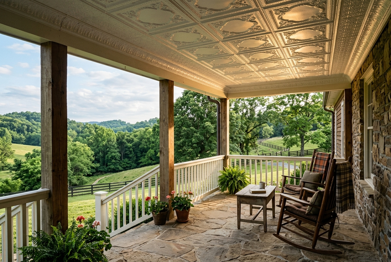 Cozy porch with rocking chair, table, and scenic view of green fields and trees.