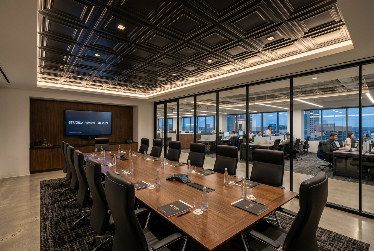 Conference room with Modern ceiling roof, wooden table, chairs, & screen displaying a presentation.