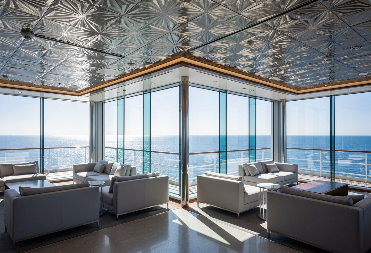 Modern lounge with large windows overlooking a scenic view.