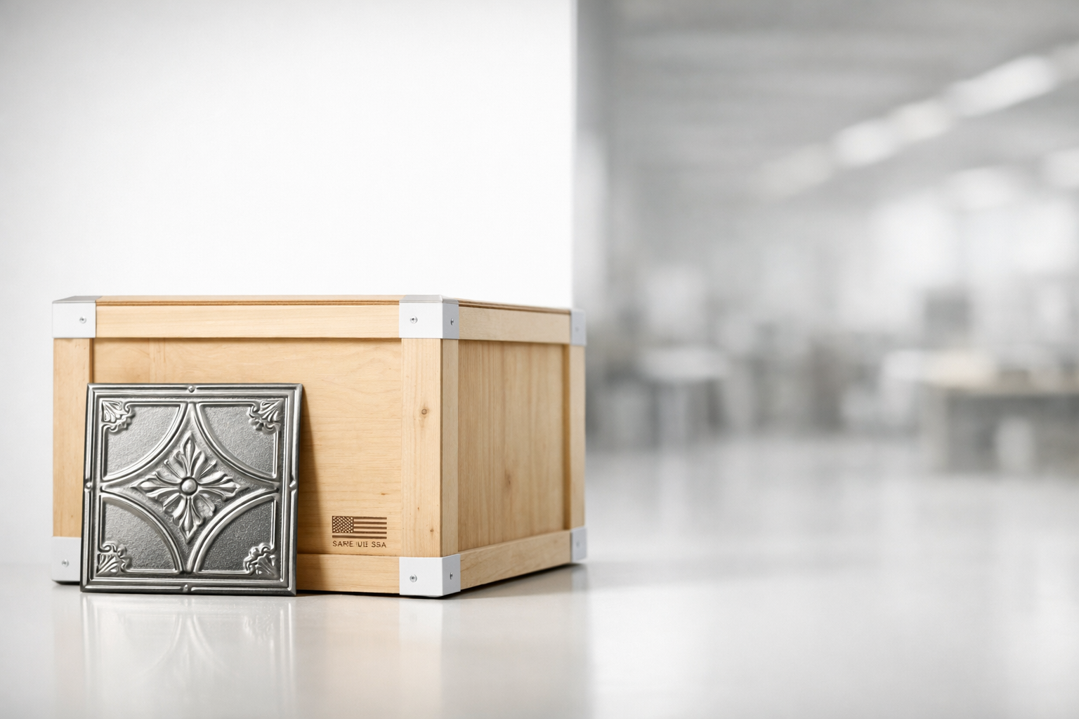 Wooden box with decorative metal plaque.