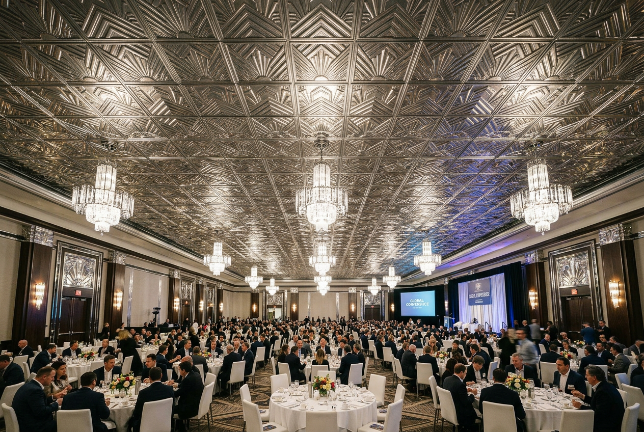 Large banquet hall with ornate ceiling and attendees seated at tables.