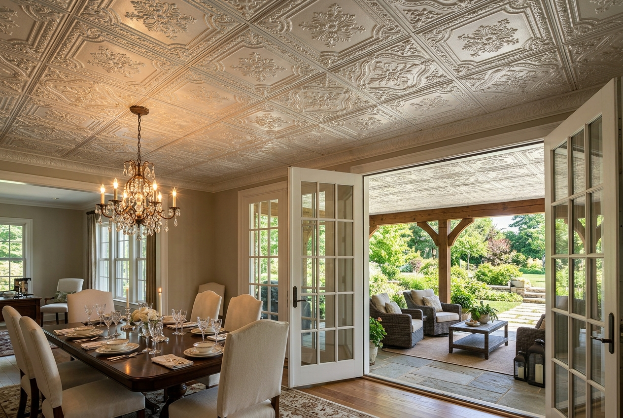 Dining room with ornate ceiling and French doors leading to a garden.