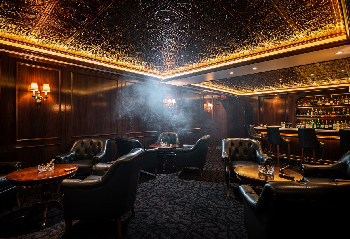 Luxurious bar with dark wood paneling, leather chairs, and a patterned carpet.
