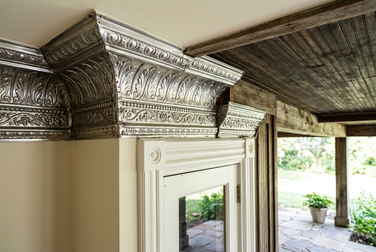 Decorative ceiling molding with a rustic wooden ceiling in the background