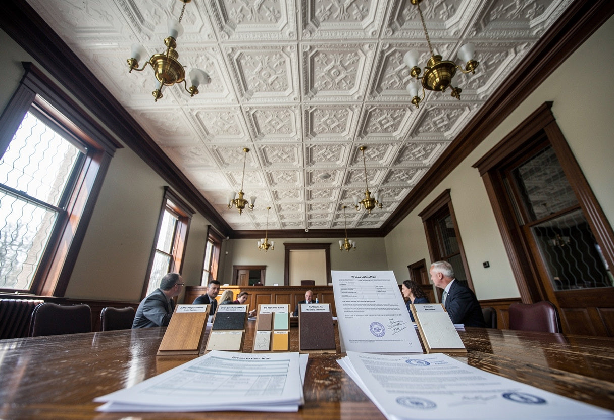 Formal meeting room with people seated around a large table, documents, and a decorative ceiling.