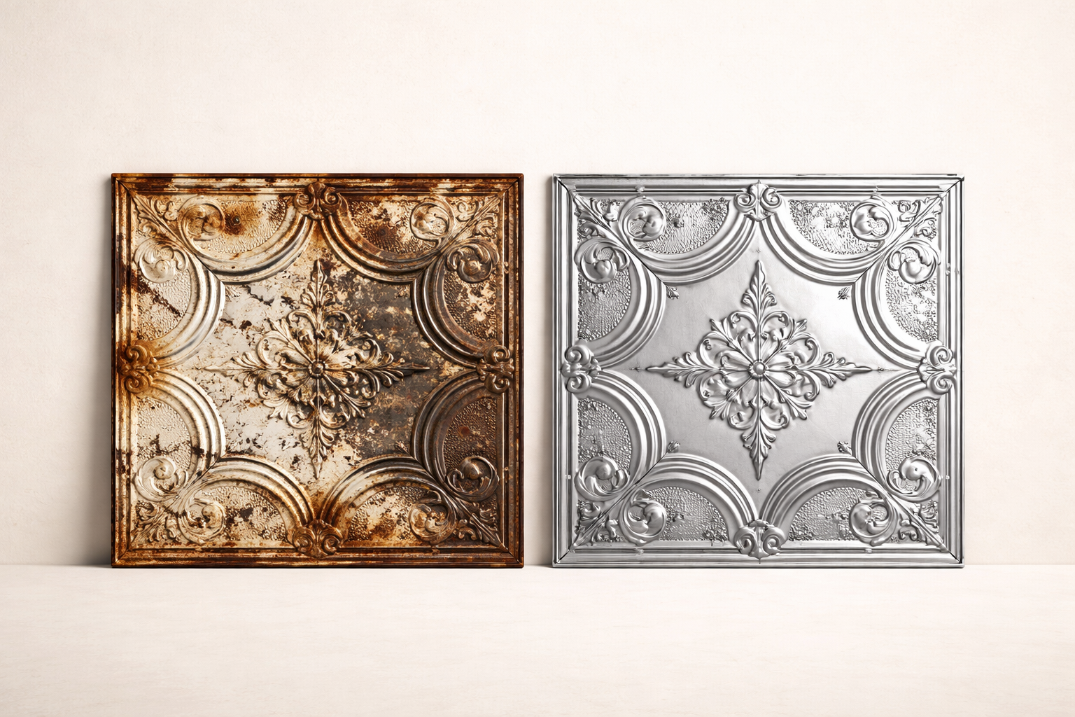 Rust and silver ceiling tiles.