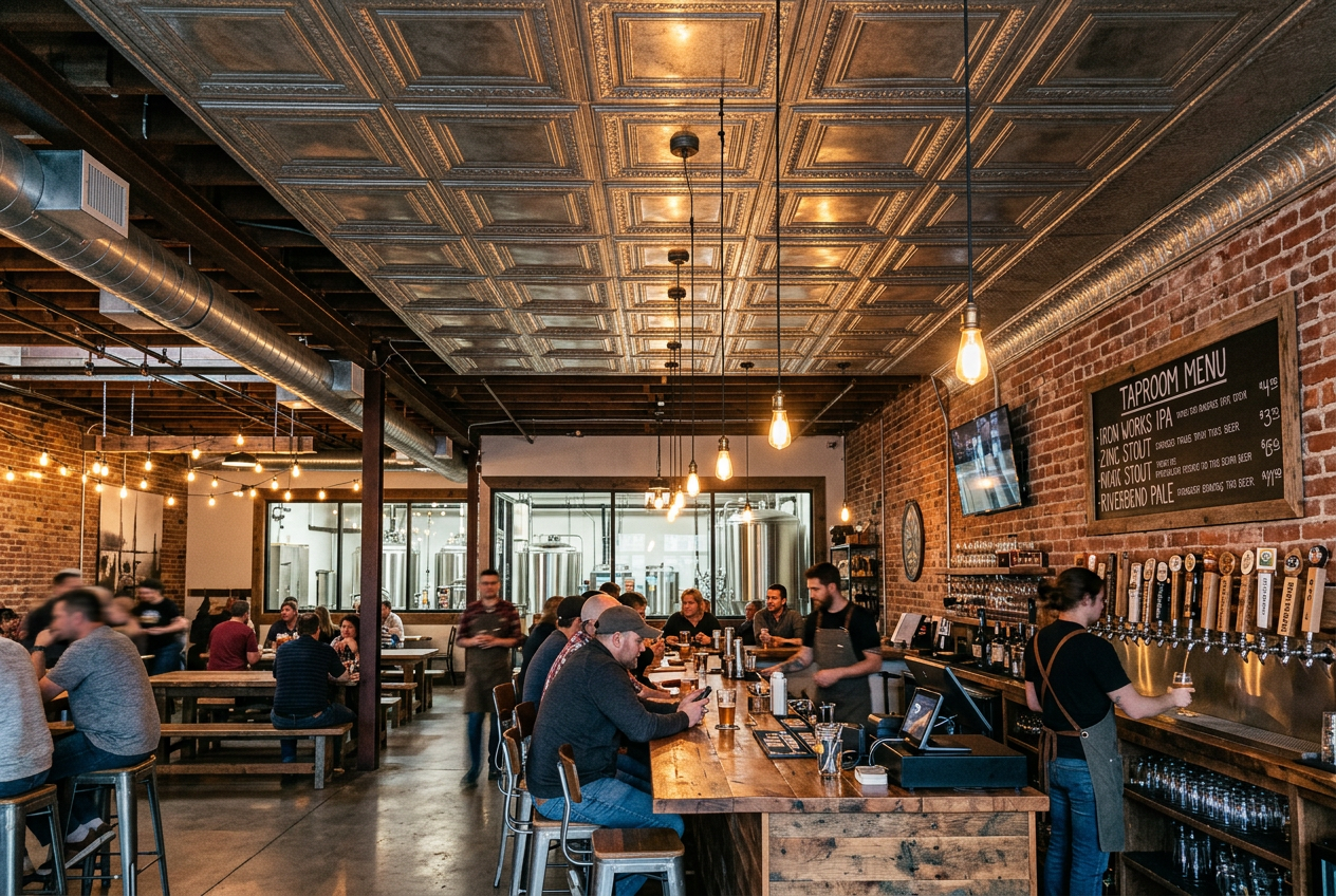 Bar interior with patrons and beer taps on brick wall under decorative ceiling roof