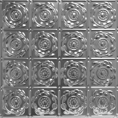 Decorative metallic ceiling tiles with a floral pattern