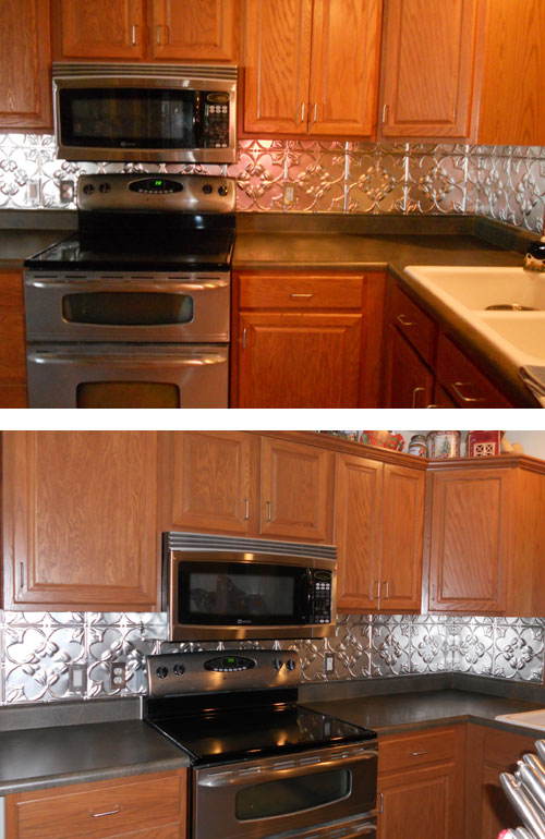 Top and bottom views of a kitchen with wooden cabinets, stainless steel appliances, and decorative backsplash.