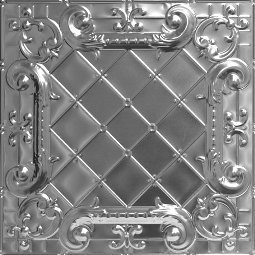 Decorative metallic ceiling tile with intricate patterns.