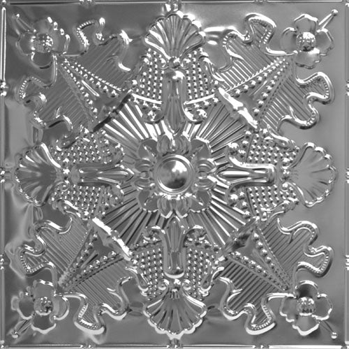 Decorative metallic ceiling tile with intricate patterns.
